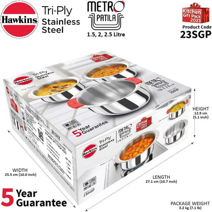 Hawkins Kitchen Gift Pack 2023 (23SGP) 3 Pieces Set of 1.5 Litre, 2 Litre and 2.5 Litre Triply Stainless Steel Patila, Tope, Bhagona, Tapeli, Saucepans