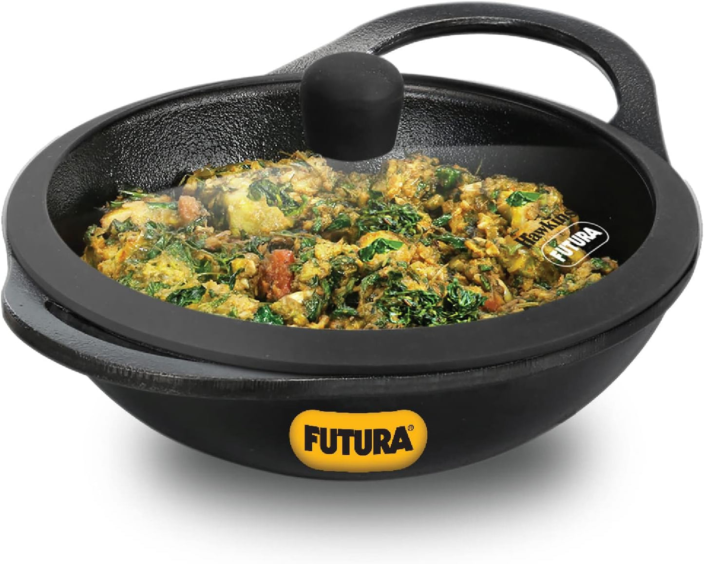 Hawkins Futura 2 Litre Cast Iron Kadhai Pan, Naturally Nonstick Cast Iron Kadai Pan with Glass Lid, Cast Iron Cookware for Kitchen, Black (CIK20G)