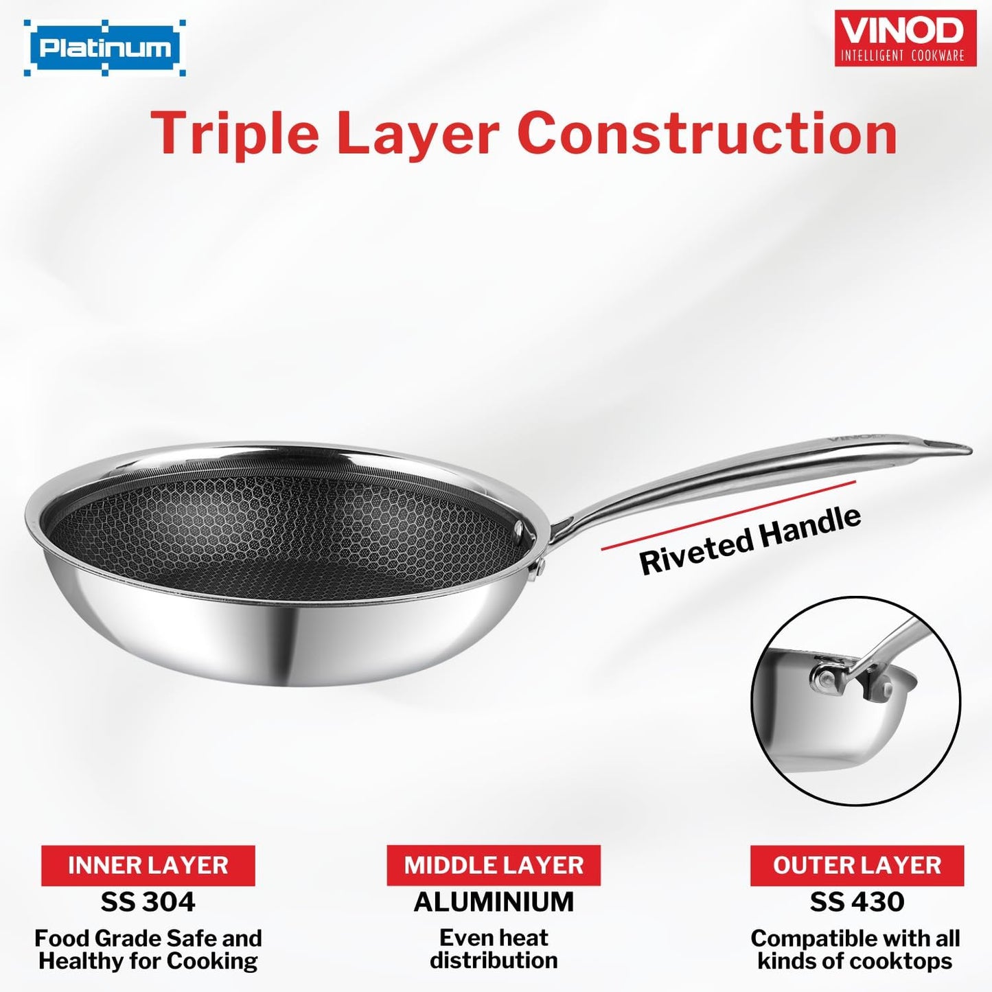 Vinod Platinum Triply Stainless Steel X FRYPAN 20 cm(Induction Friendly)
