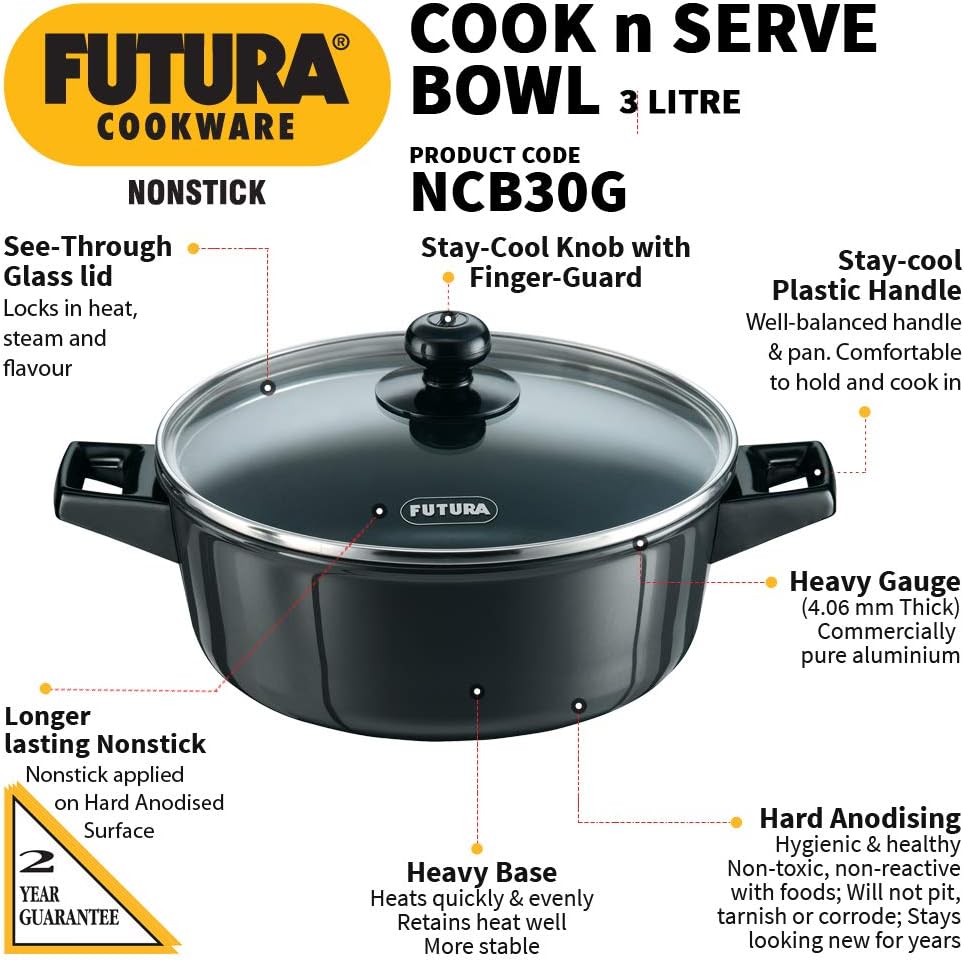 Hawkins Futura Non-Stick Cook-N-Serve Bowl with Glass Lid, 3 Litre Capacity NCB30G