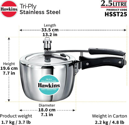 Hawkins 2.5 Litre Triply Stainless Steel Pressure Cooker, Inner Lid Cooker, Silver (HSST25)
