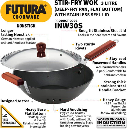 Hawkins Futura Non-Stick Induction Compatible Stir Fry Wok with Stainless Steel Lid, 3 Litre Capacity