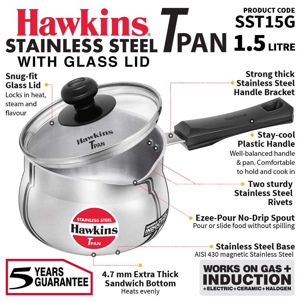 Hawkins Futura Steel Tea Pan with Glass Lid, 1.5 Litre Capactiy