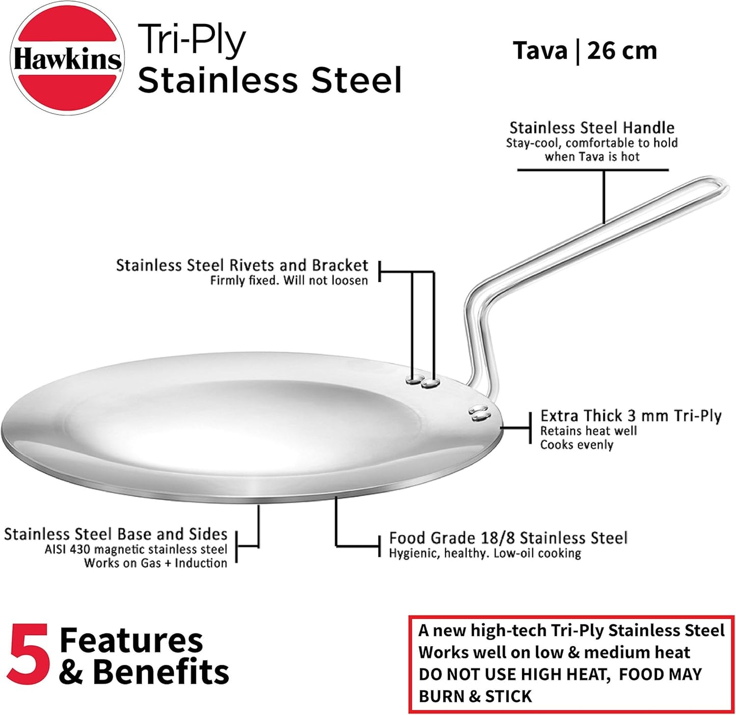 Hawkins Tri-Ply Stainless Steel Tava, 26 cm Diameter