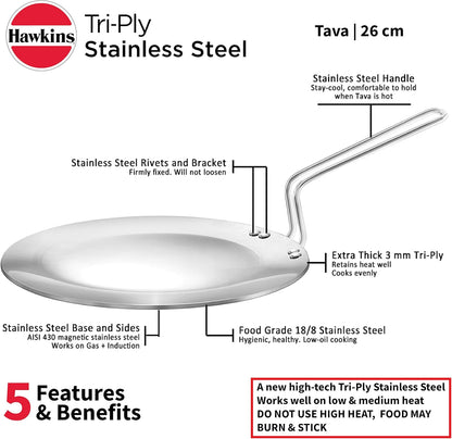 Hawkins Tri-Ply Stainless Steel Tava, 26 cm Diameter