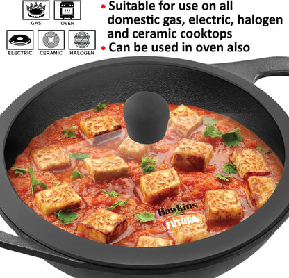 Hawkins Futura 2 Litre Cast Iron Kadhai Pan, Naturally Nonstick Cast Iron Kadai Pan with Glass Lid, Cast Iron Cookware for Kitchen, Black (CIK20G)