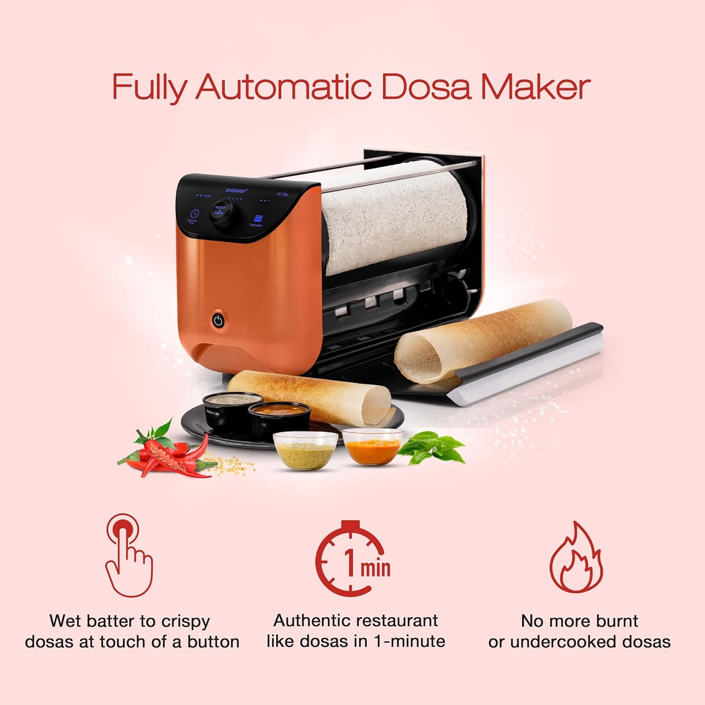 EVOCHEF EC Flip Smart Dosa Maker Food Grade Non-Stick Roller/Portable Dosa Maker (47.5X32.5X26cm) (Metallic Blue)