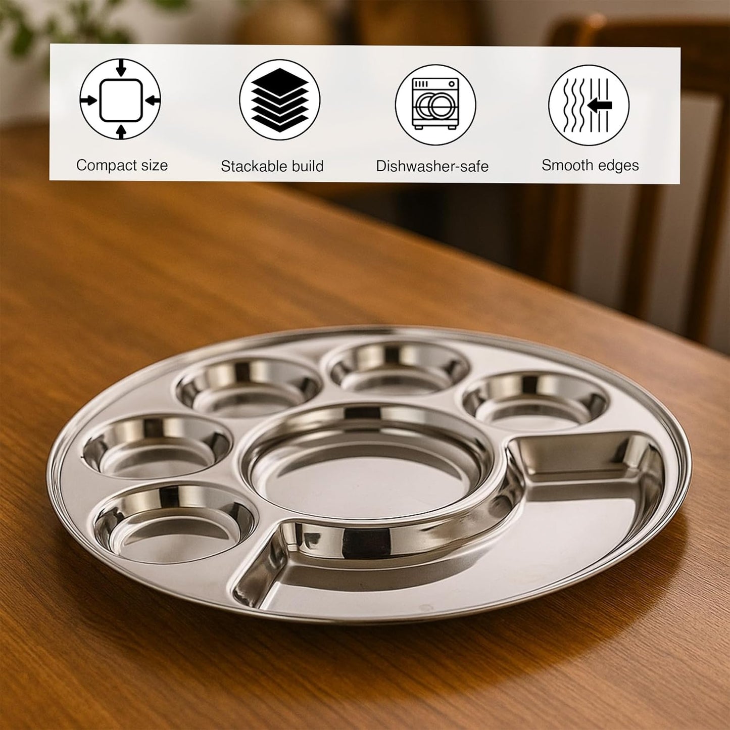 Ramco Stainless Steel - Round 7 Compartment Thali Dinner Plate (Pack of 2)