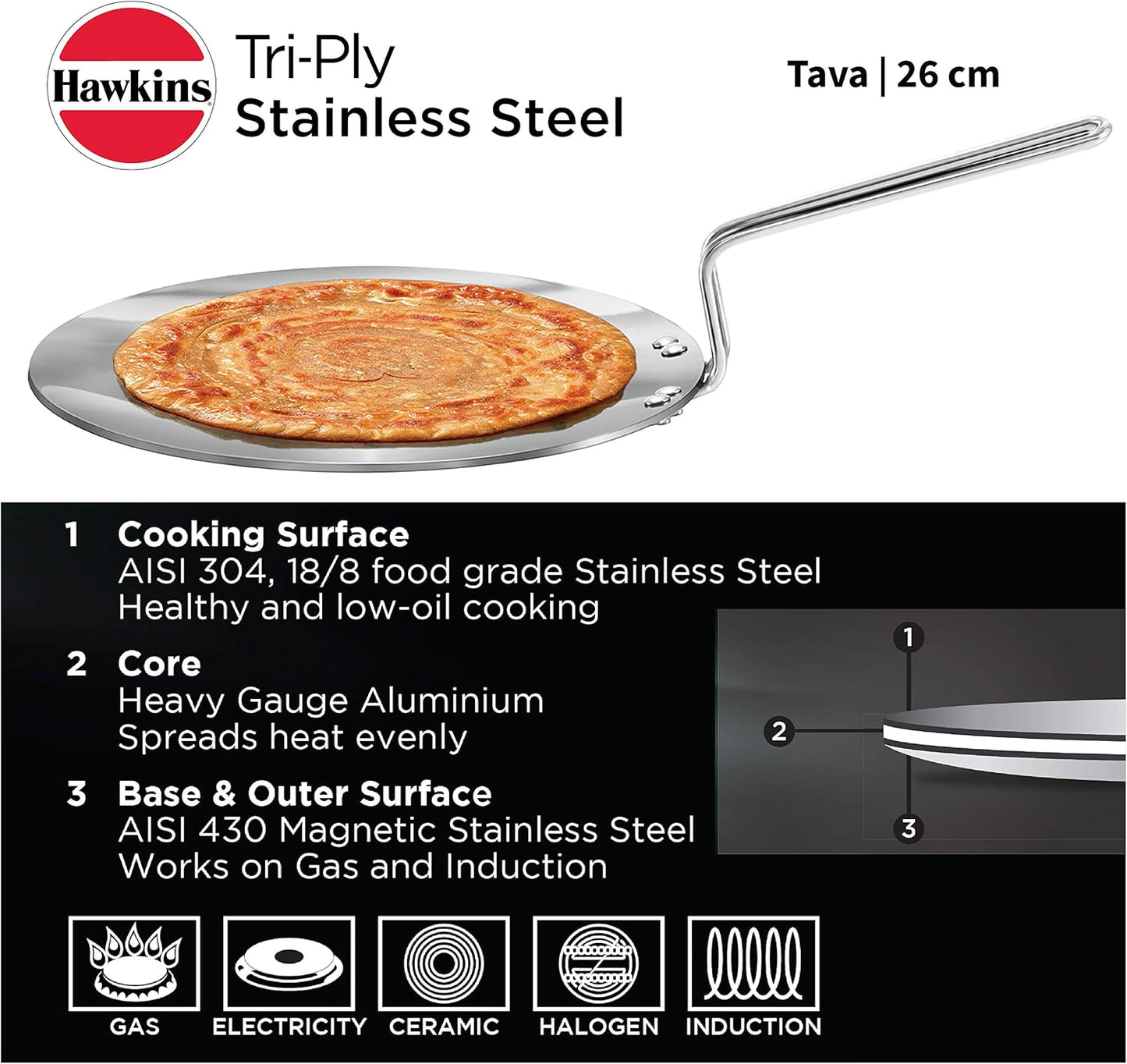 Hawkins Tri-Ply Stainless Steel Tava, 26 cm Diameter