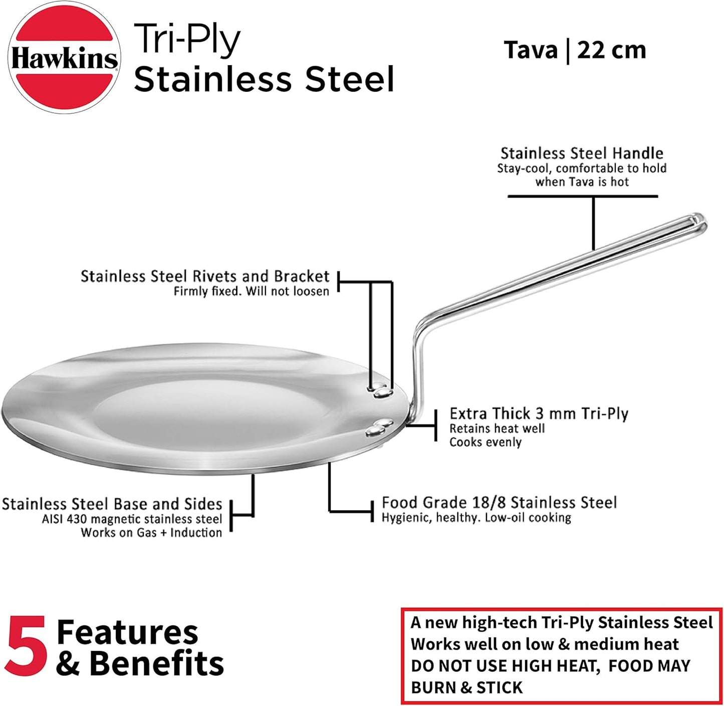 Hawkins Tri-Ply Stainless Steel Tava, 22 cm Diameter