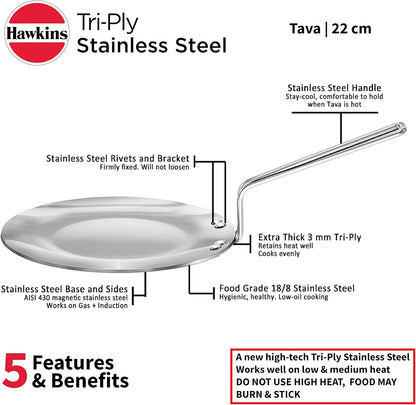 Hawkins Tri-Ply Stainless Steel Tava, 22 cm Diameter
