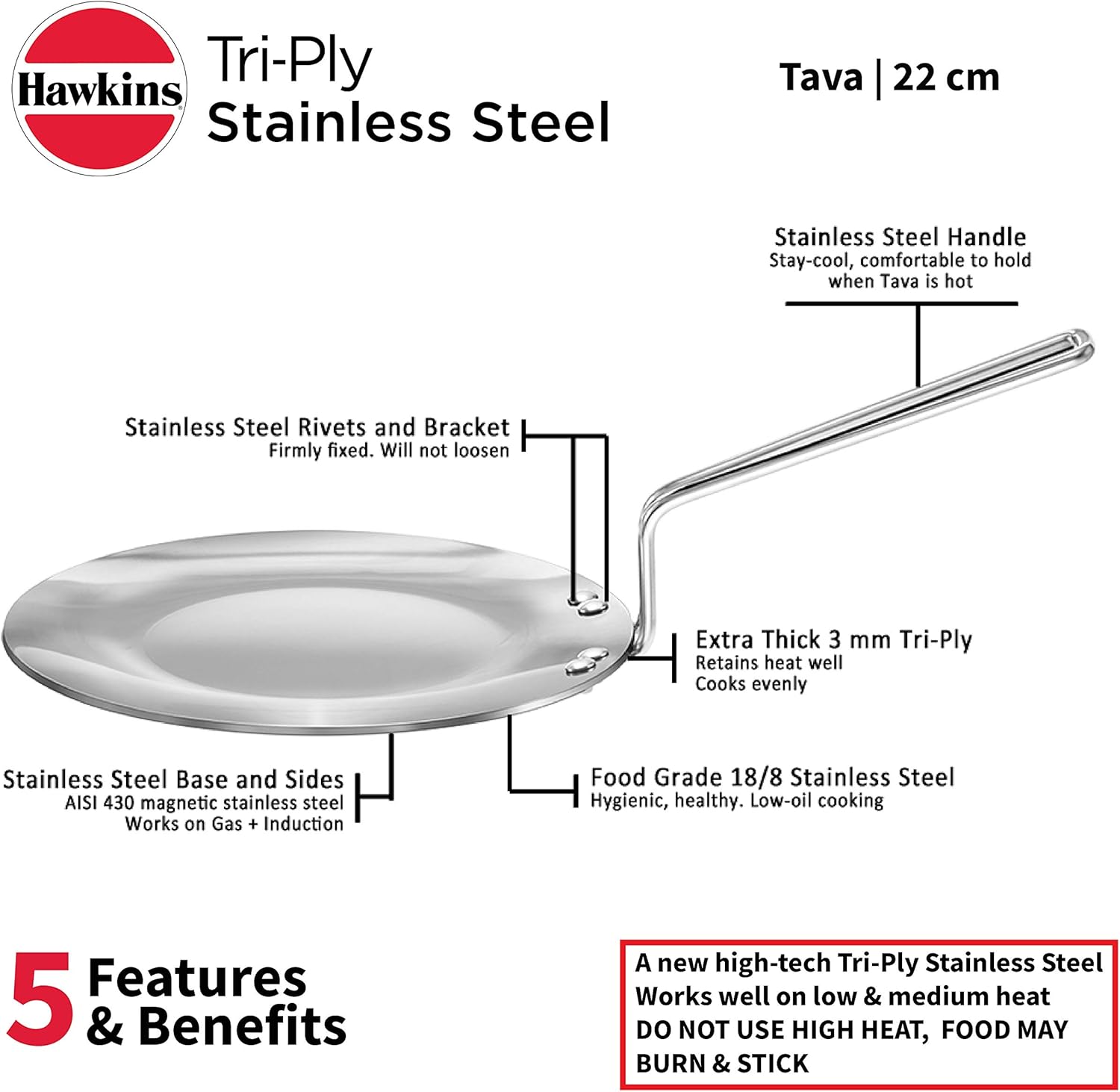 Hawkins Tri-Ply Stainless Steel Tava, 22 cm Diameter