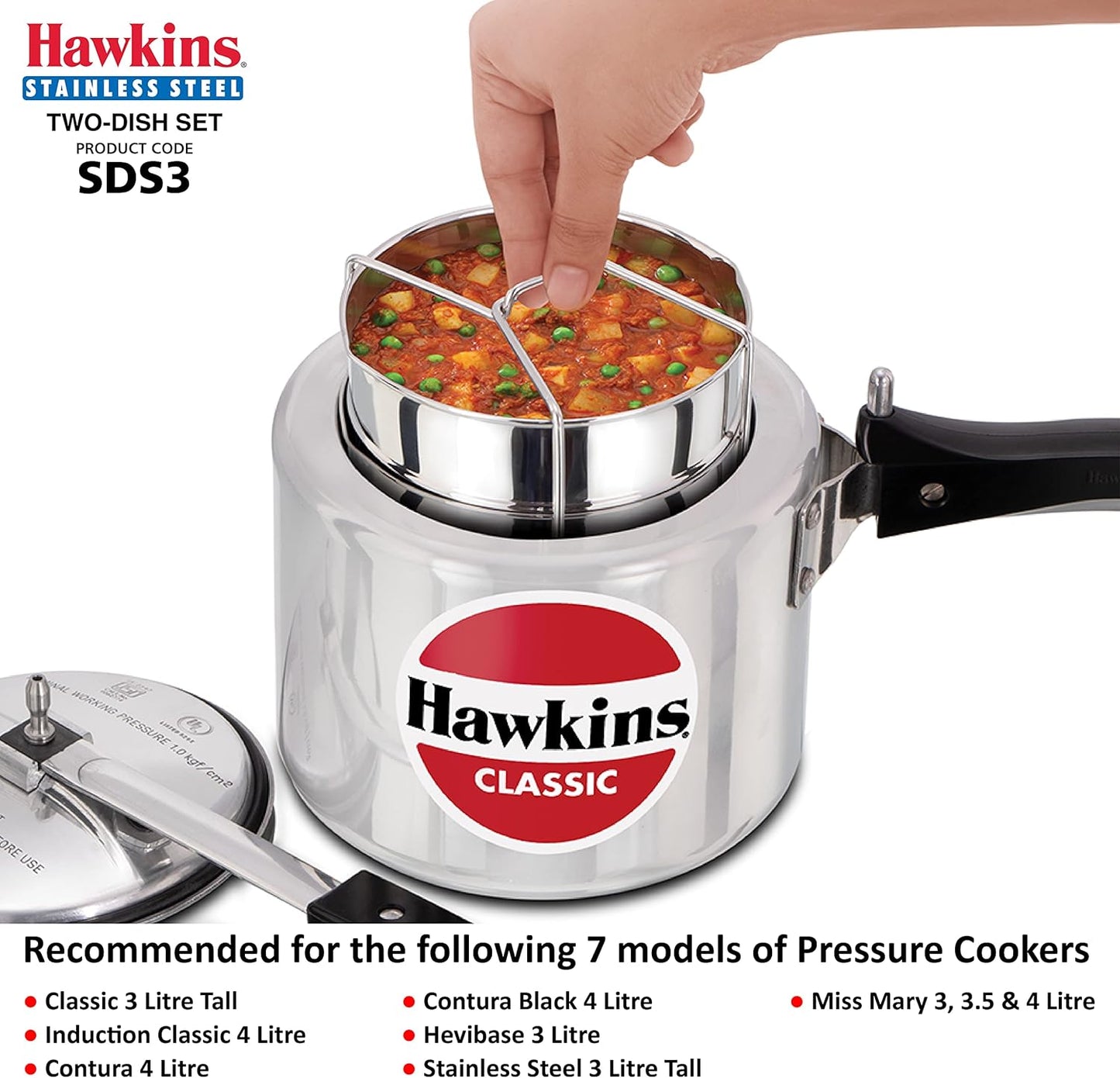 Hawkins Two-Dish Stainless Steel Set, Cooker Separator, Pressure Cooker Pots, Silver (SDS3)