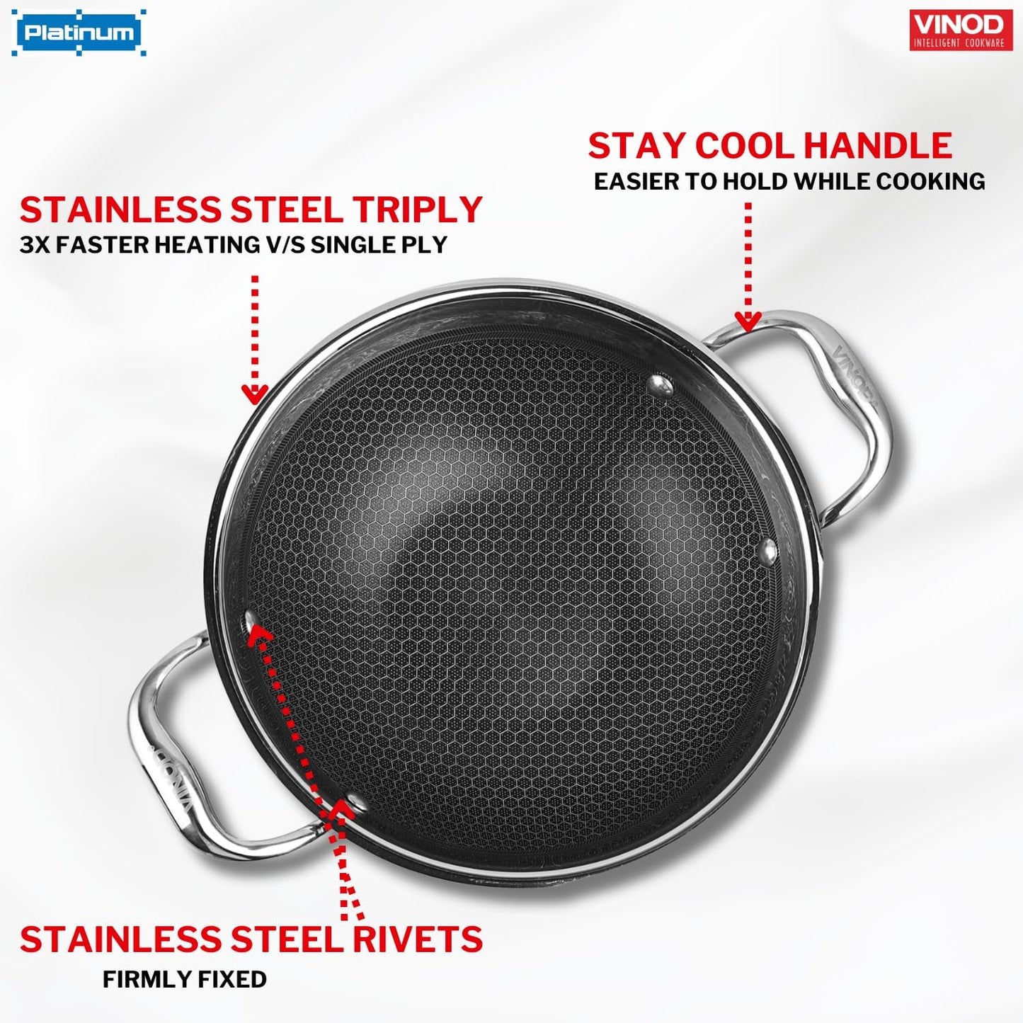 Vinod SAS Pro Platinum Triply Stainless Steel Extra Deep with Lid - 4.8 Litre, 28 cm | Stick Free Kadai for Cooking, Hexa Design Inside, Metal Spoon Safe, Gas & Induction Base, PFOA Free