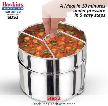 Hawkins Two-Dish Stainless Steel Set, Cooker Separator, Pressure Cooker Pots, Silver (SDS3)