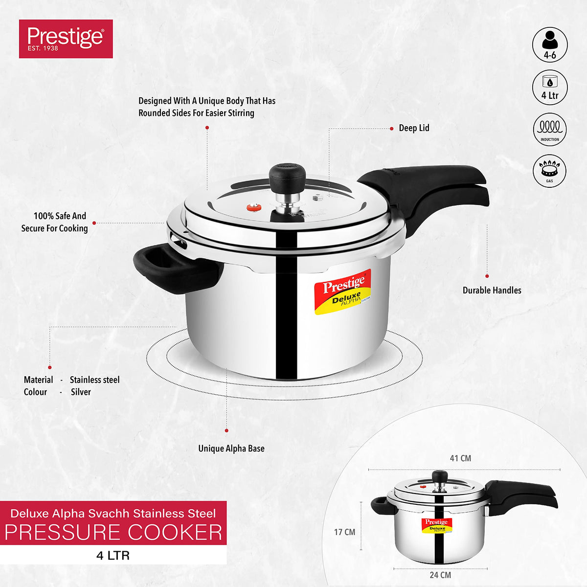 Prestige 4 Litres Svachh Deluxe Alpha Induction Base Outer Lid Stainless Steel Pressure Cooker | Deep lid controls spillage | Silver | Gasket-Release System | Straight Wall | Pressure Indicator