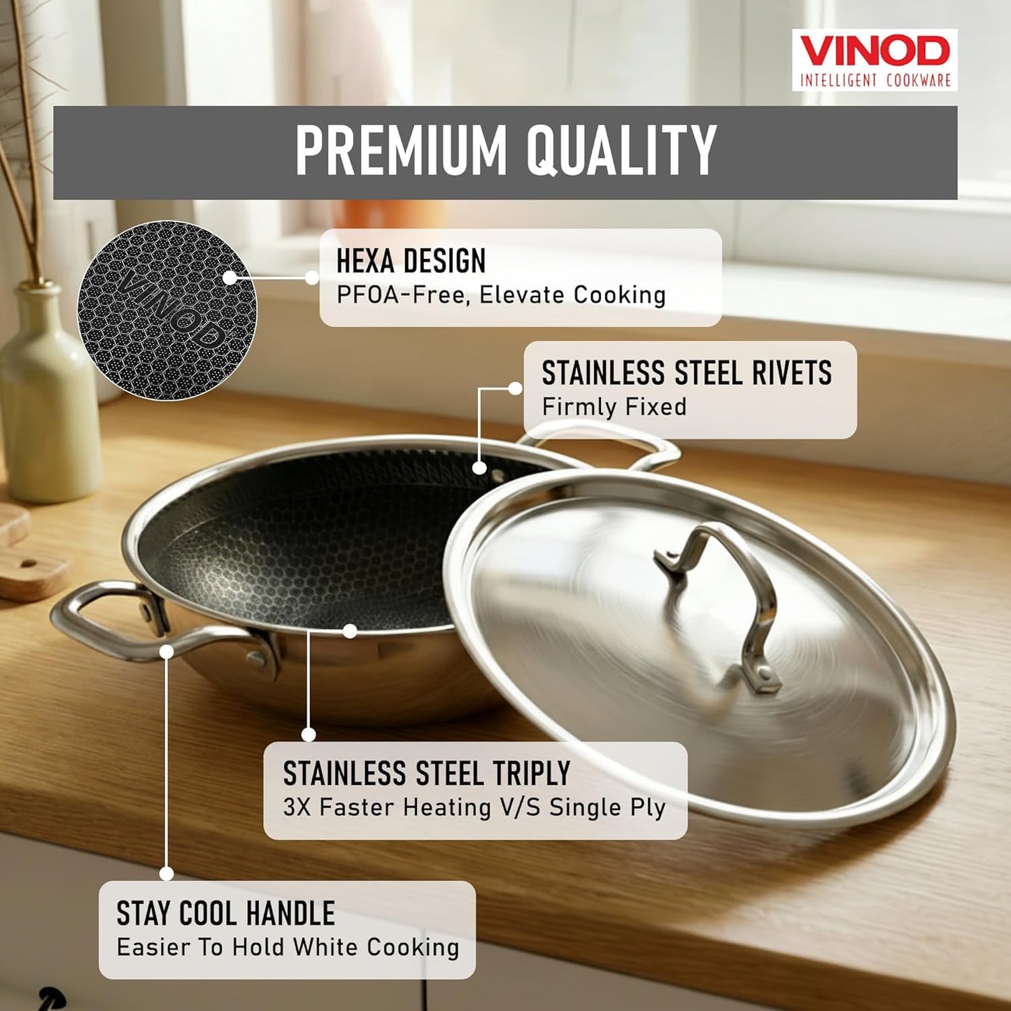 Vinod Nutri-Tech Triply Nonstick Kadahi 28cm