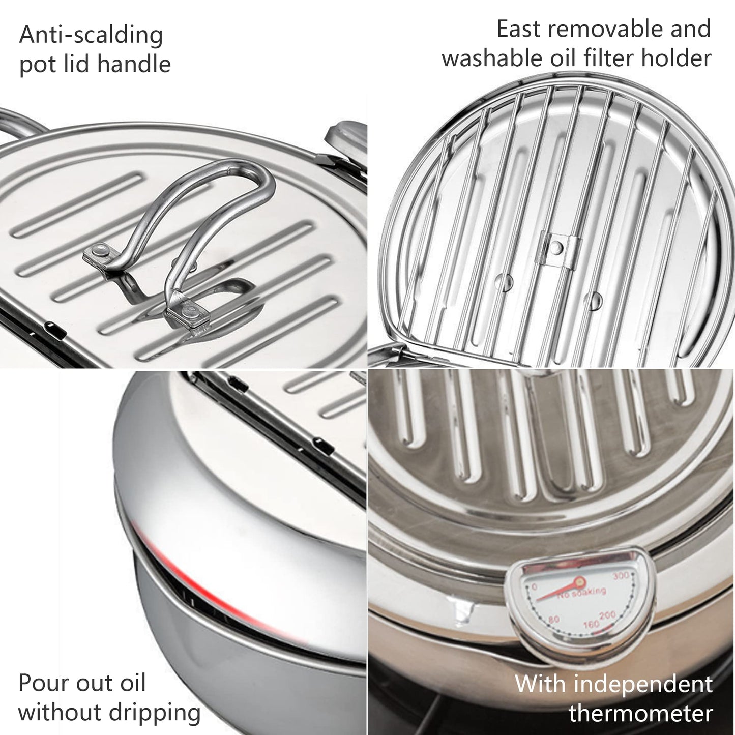Deep Fryer Pot, Small Tempura Deep Fryer Stainless Steel Japanese Frying Pot with Thermometer, Lid and Oil Drip Drainer Rack for Home Kitchen French Fries Shrimp Chicken Wings and Shrimp(3.4L, 24CM)