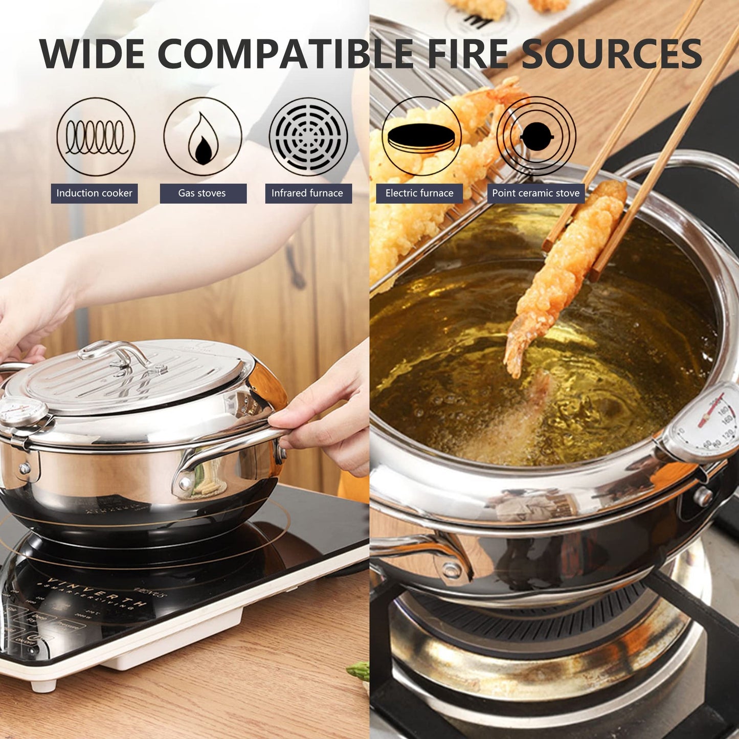 Deep Fryer Pot, Small Tempura Deep Fryer Stainless Steel Japanese Frying Pot with Thermometer, Lid and Oil Drip Drainer Rack for Home Kitchen French Fries Shrimp Chicken Wings and Shrimp(3.4L, 24CM)