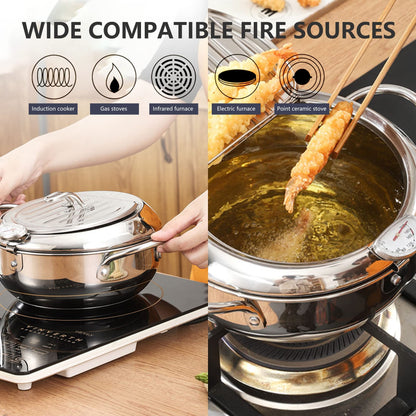 Deep Fryer Pot, Small Tempura Deep Fryer Stainless Steel Japanese Frying Pot with Thermometer, Lid and Oil Drip Drainer Rack for Home Kitchen French Fries Shrimp Chicken Wings and Shrimp(3.4L, 24CM)