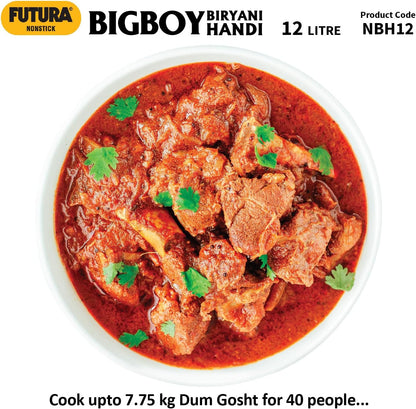 Hawkins Futura 12 Litre BigBoy Biryani Handi, Non Stick Pot with Hard Anodised Lid, Sauce Pan for Cooking and Serving Biriyani, Black (NBH12) Aluminium