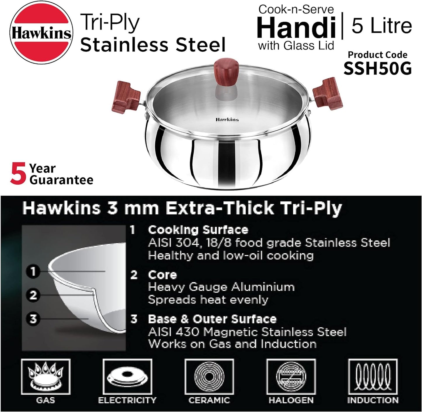 Hawkins Futura Steel Cook N Serve Handi with Glass Lid, 5.0 Litre Capacity
