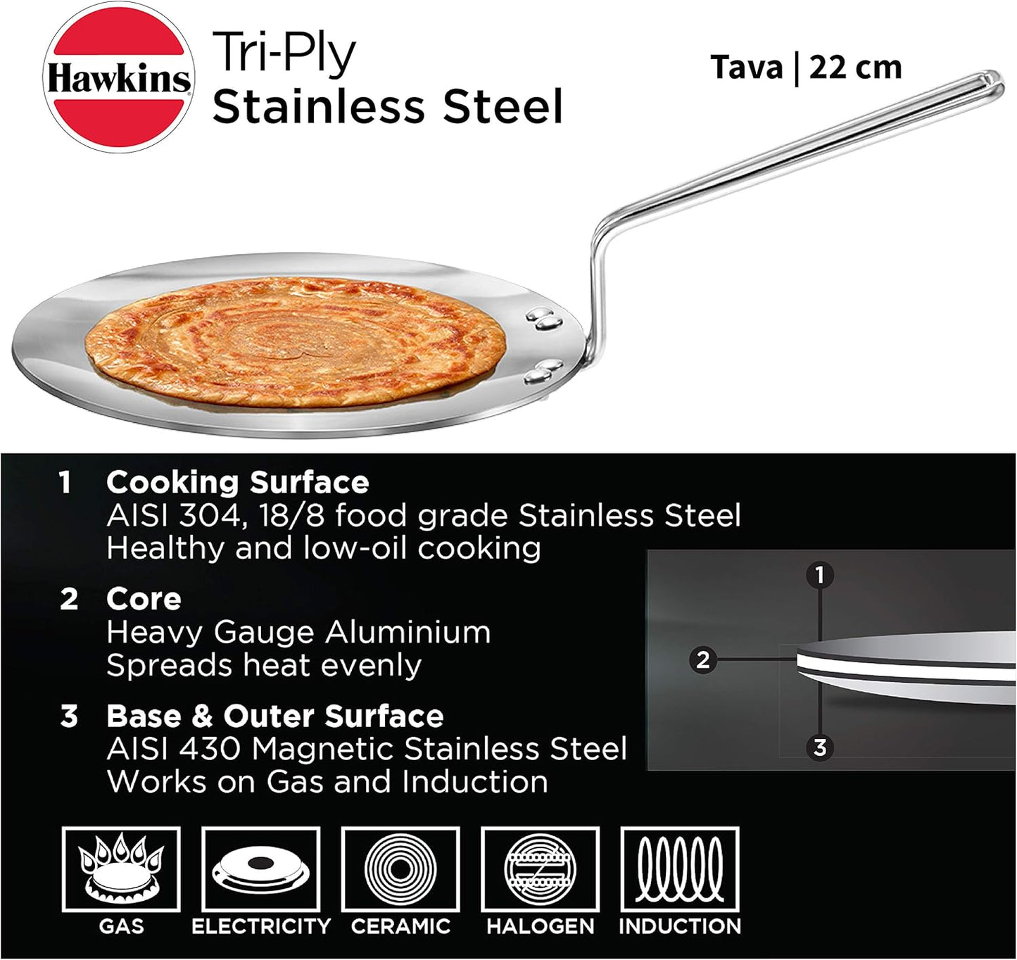 Hawkins Tri-Ply Stainless Steel Tava, 22 cm Diameter