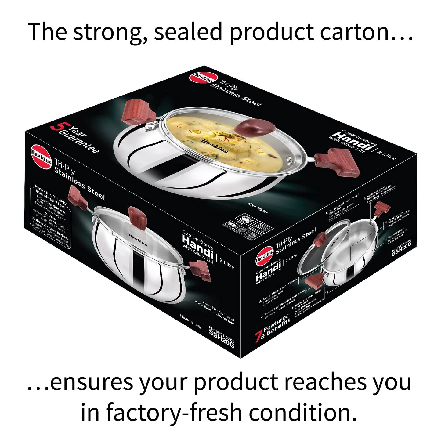 Hawkins Futura Steel Cook N Serve Handi with Glass Lid, 2.0 Litre Capacity