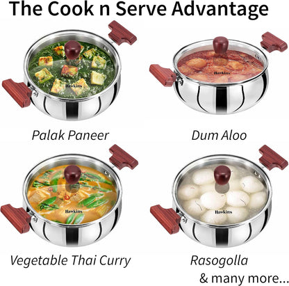 Hawkins Futura Steel Cook N Serve Handi with Glass Lid, 5.0 Litre Capacity
