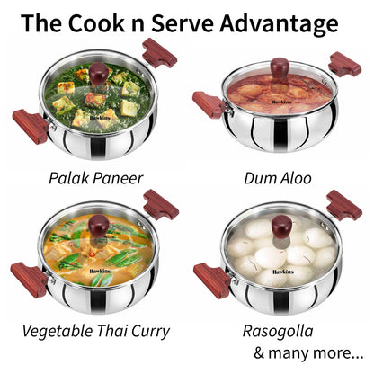 Hawkins Futura Steel Cook N Serve Handi with Glass Lid, 2.0 Litre Capacity