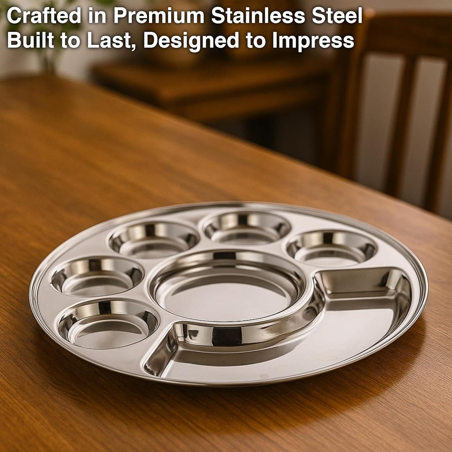 Ramco Stainless Steel - Round 7 Compartment Thali Dinner Plate (Pack of 2)