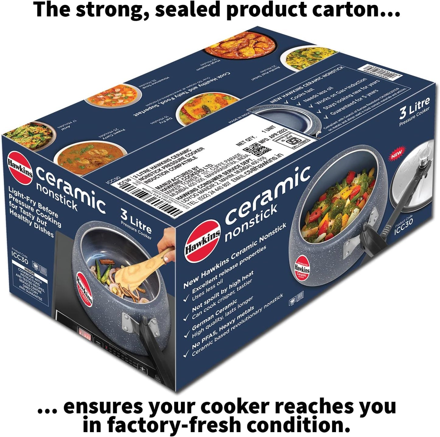 Hawkins 3 Litre Ceramic Nonstick Pressure Cooker, Induction Inner Lid Cooker, Granite Contura shaped Cooker, Best Cooker, Blue (ICC30)