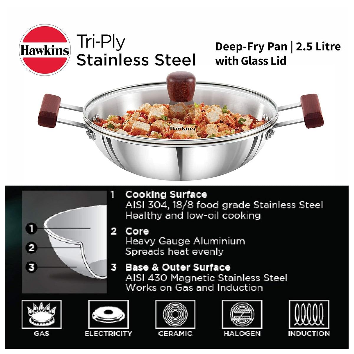 Hawkins Futura Stainless Steel Deep Fry Pan with Steel Lid, 2.5 Litre Capactiy