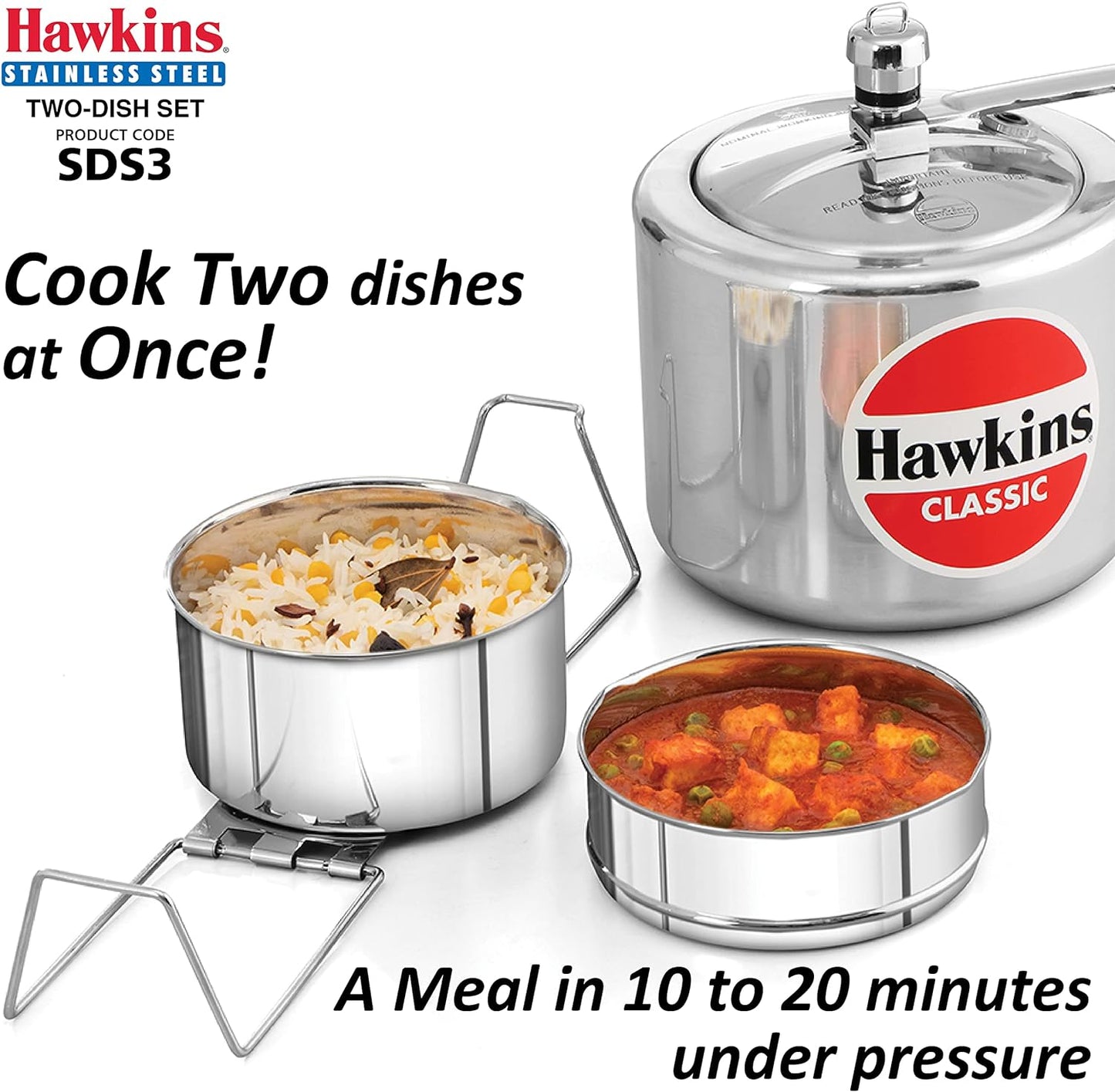 Hawkins Two-Dish Stainless Steel Set, Cooker Separator, Pressure Cooker Pots, Silver (SDS3)