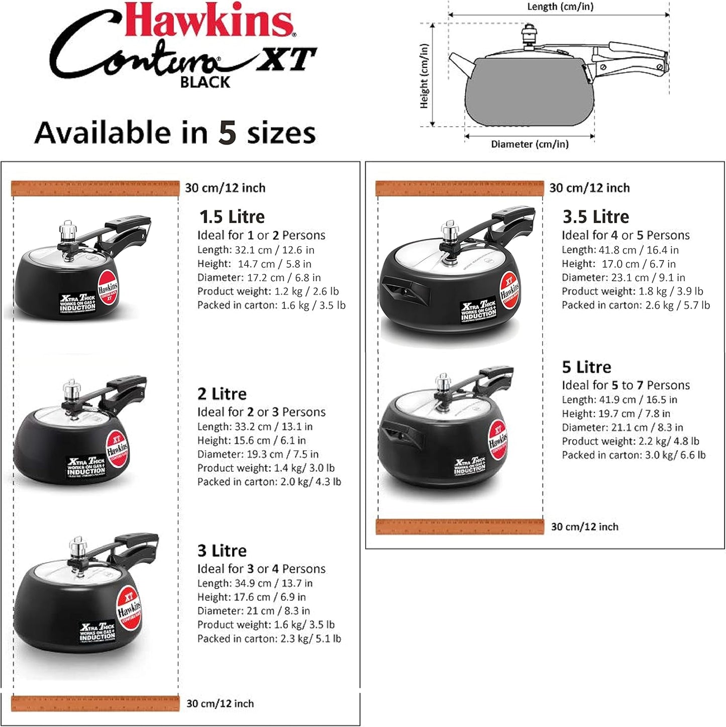 Hawkins Contura XT Pressure Cooker, 2 Liter Capacity, Black