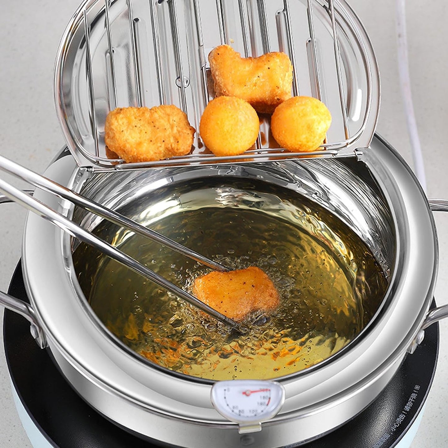 Deep Fryer Pot, 28cm Janpanse Style Tempura Frying Pot with Thermometer, Lid and Oil Drip Drainer Rack, Stainless Steel Non Stick Mini Deep Fryer for French Fries Chicken Wings