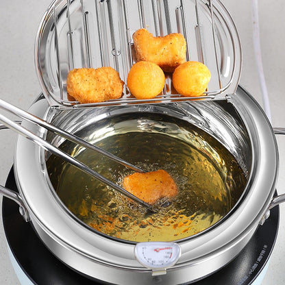 Deep Fryer Pot, 28cm Janpanse Style Tempura Frying Pot with Thermometer, Lid and Oil Drip Drainer Rack, Stainless Steel Non Stick Mini Deep Fryer for French Fries Chicken Wings