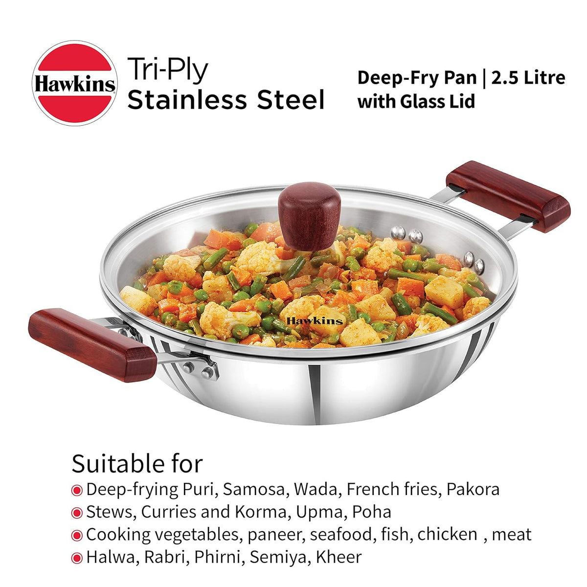 Hawkins Futura Stainless Steel Deep Fry Pan with Steel Lid, 2.5 Litre Capactiy