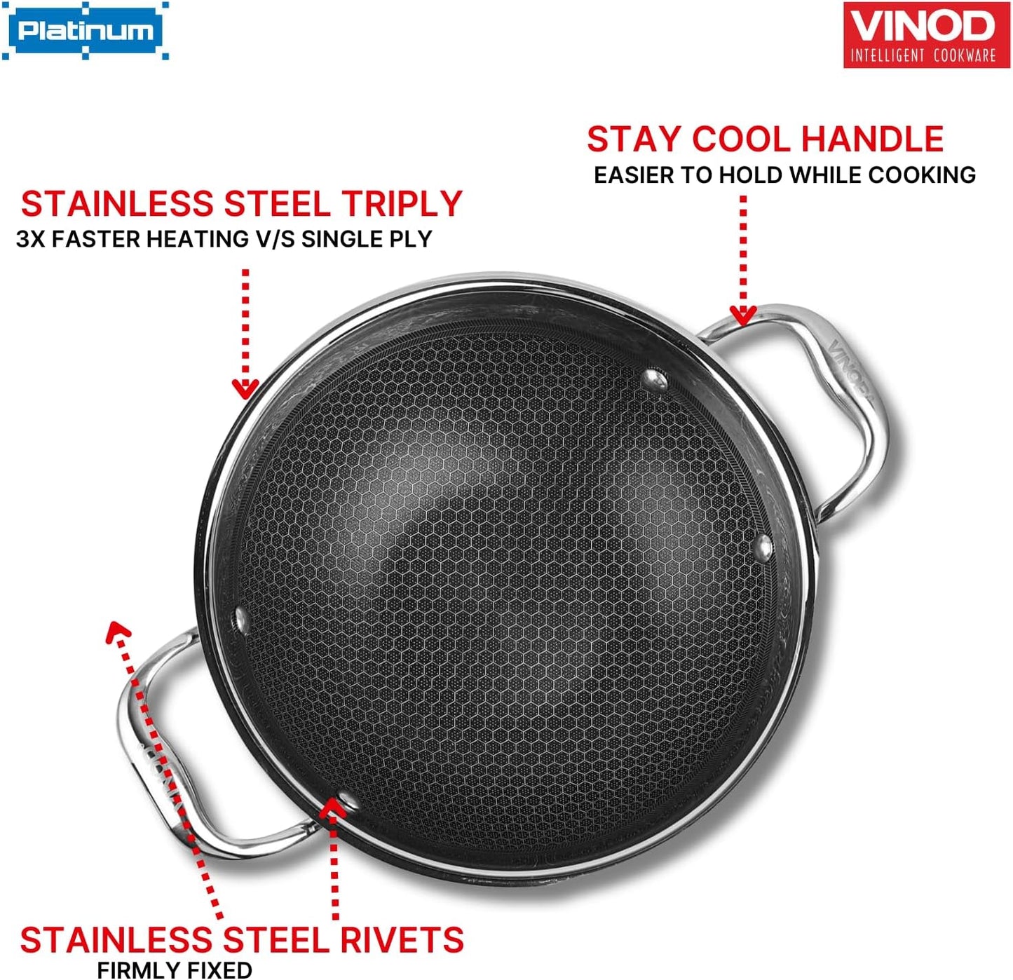 Vinod SAS Pro Platinum Triply Stainless Steel Extra Deep with Lid - 4.8 Litre, 28 cm | Stick Free Kadai for Cooking, Hexa Design Inside, Metal Spoon Safe, Gas & Induction Base, PFOA Free