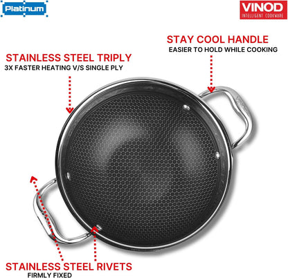 Vinod SAS Pro Platinum Triply Stainless Steel Extra Deep with Lid - 4.8 Litre, 28 cm | Stick Free Kadai for Cooking, Hexa Design Inside, Metal Spoon Safe, Gas & Induction Base, PFOA Free