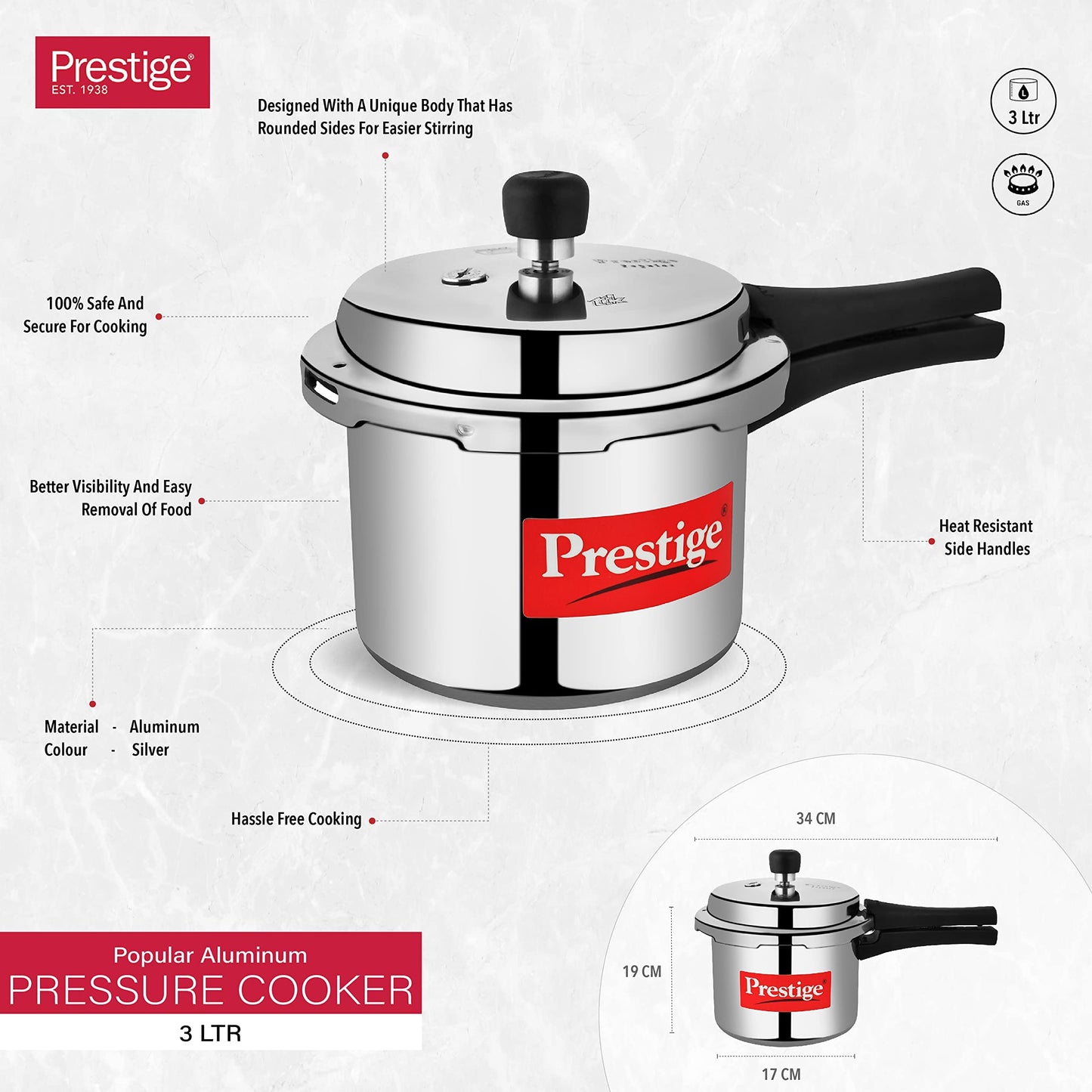 Prestige 7.5 Litres Popular Outer Lid Aluminium Pressure Cooker |Metallic Safety Plug | Gasket Release System | Silver