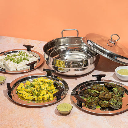 Vinod  Stainless Steel Idli (2 plates), Dhokla (2 plates) and Patra ( 1 plate) Multi Kadahi 26cm - Gas & Induction base