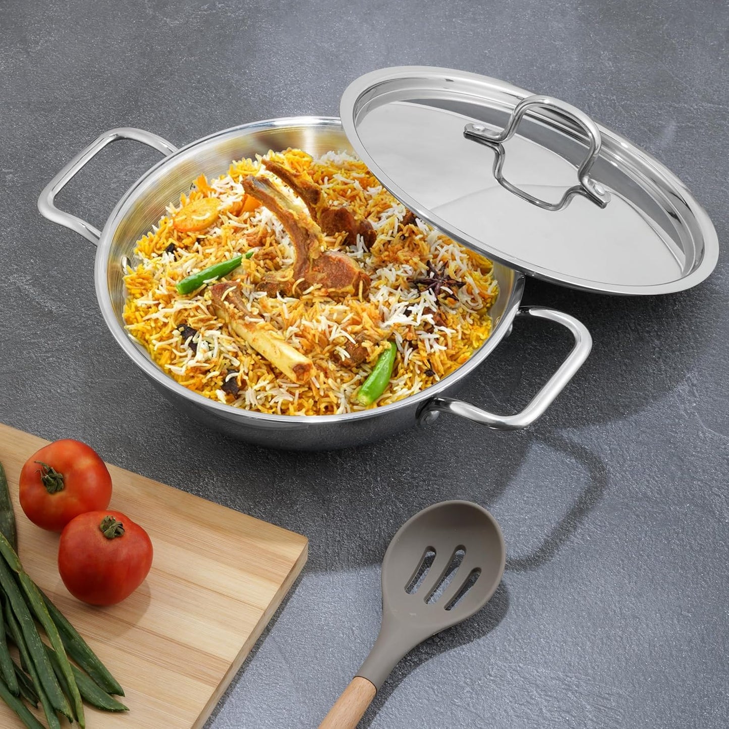 Vinod Triply Stainless Steel Cookware Kadai with Stainless Steel Handled lid Wok for Stir Fry Cooking (Diameter 18 cm)