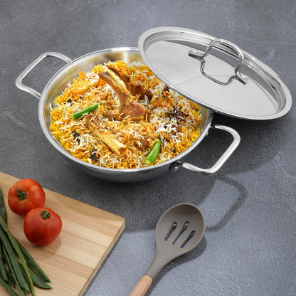 Vinod Triply Stainless Steel Cookware Kadai with Stainless Steel Handled lid Wok for Stir Fry Cooking (Diameter 18 cm)