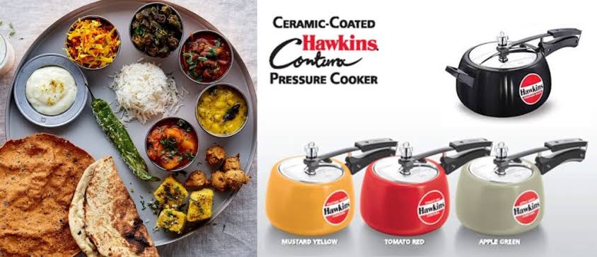 Hawkins Contura ceramic-coated pressure cookers in Mustard Yellow, Tomato Red and Apple Green