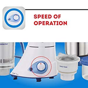 Preethi Blue Leaf Platinum Mixer Grinder 750 watt White, 4 jars - Super Extractor juicer Jar & Storage Air-Tight Container - Indian Plug