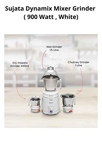 Sujata Dynamix DX Mixer Grinder, 900W, 3 Jars (White,Plastic) - Indian Plug