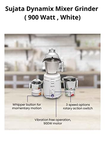 Sujata Dynamix DX Mixer Grinder, 900W, 3 Jars (White,Plastic) - Indian Plug