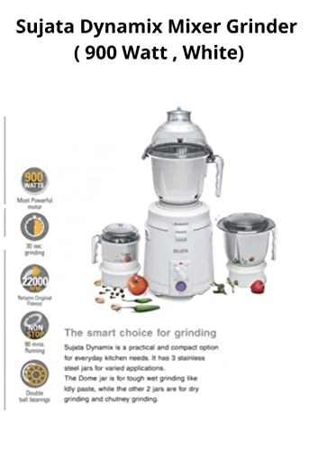 Sujata Dynamix DX Mixer Grinder, 900W, 3 Jars (White,Plastic) - Indian Plug