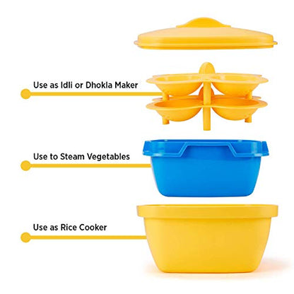 Oliveware Microwave Plastic Dhokla Idly Maker, Vegetable Steamer And Rice Cooker Set, Yellow